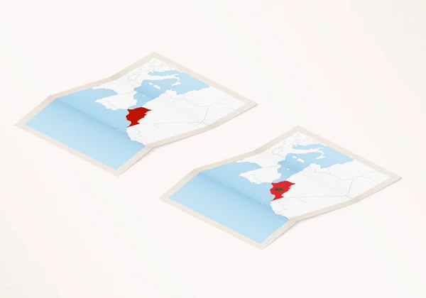 Fas Bayrağıyla Katlanmış Kırmızı Renklerle Işaretlenmiş Fas Haritasının Iki Versiyonu — Stok Vektör