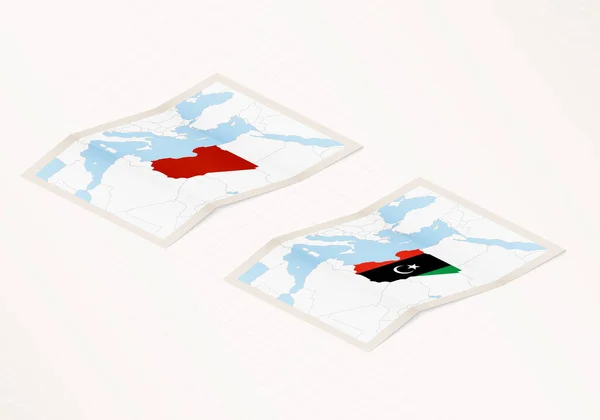两个版本的折叠后的利比亚地图 上面印有利比亚国旗 红色醒目 — 图库矢量图片