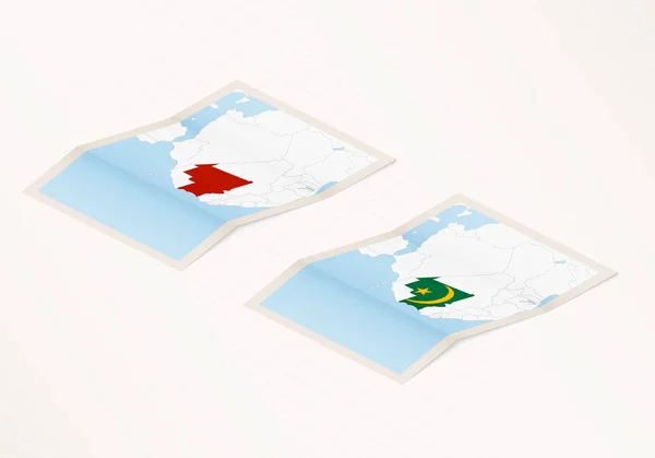 Zwei Versionen Einer Gefalteten Landkarte Von Mauretanien Mit Der Flagge — Stockvektor