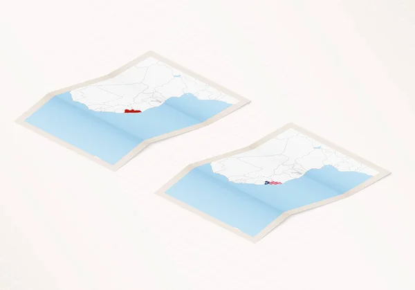 Dos Versiones Mapa Plegado Liberia Con Bandera Del País Liberia — Vector de stock