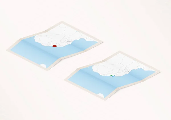 Deux Versions Une Carte Pliée Sierra Leone Avec Drapeau Pays — Image vectorielle