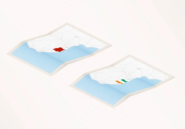 Dos Versiones Mapa Plegado Costa Marfil Con Bandera Del País — Archivo Imágenes Vectoriales