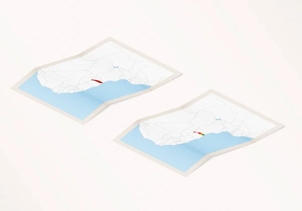 Deux Versions Une Carte Pliée Togo Avec Drapeau Pays Togo — Image vectorielle