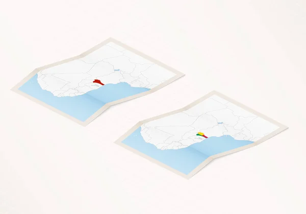 Deux Versions Une Carte Pliée Bénin Avec Drapeau Pays Bénin — Image vectorielle