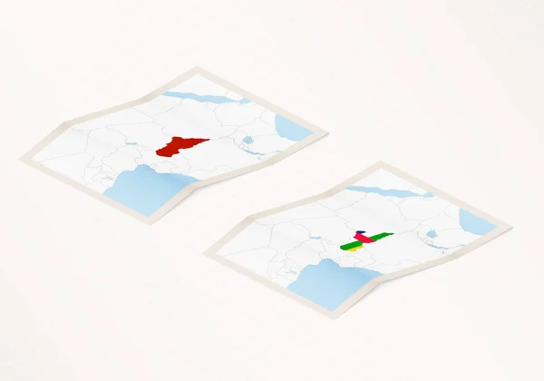 两个版本的附有中非共和国国旗和醒目的红色的中非共和国折叠地图 — 图库矢量图片