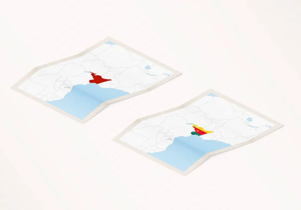 Dos Versiones Mapa Plegado Camerún Con Bandera Del País Camerún — Archivo Imágenes Vectoriales