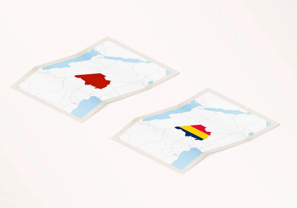 Дві Версії Складної Карти Чаду Прапором Країни Чад Червоним Кольором — стоковий вектор