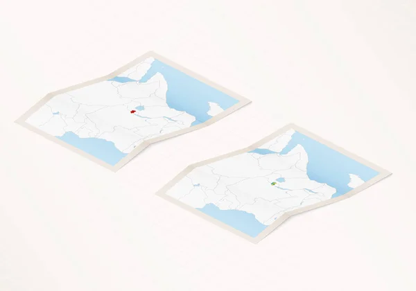 Zwei Versionen Einer Gefalteten Landkarte Von Ruanda Mit Der Flagge — Stockvektor