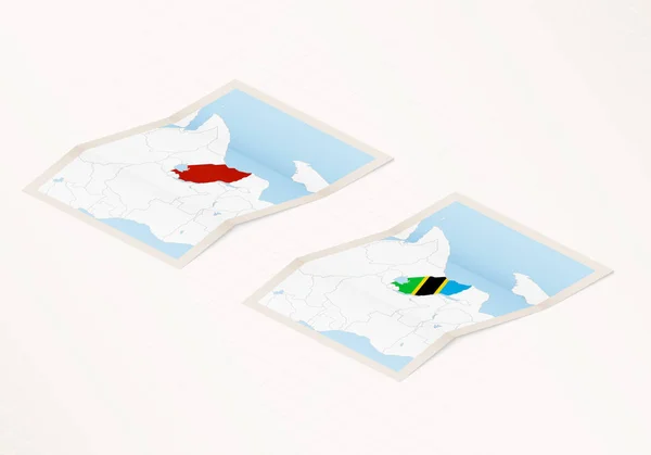 Dos Versiones Mapa Plegado Tanzania Con Bandera Del País Tanzania — Vector de stock