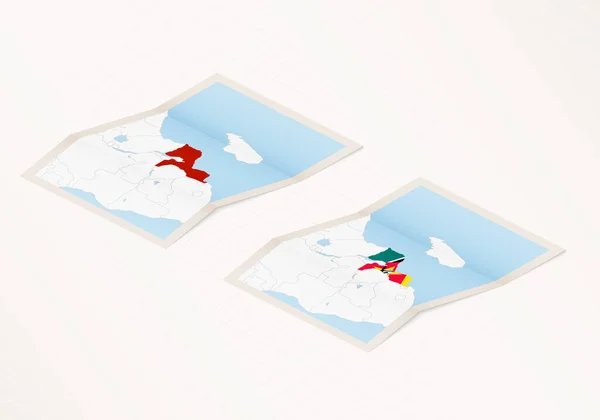 Две Версии Сложенной Карты Мозамбика Флагом Страны Мозамбика Выделенным Красным — стоковый вектор