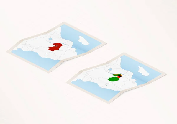 Due Versioni Una Mappa Ripiegata Dello Zambia Con Bandiera Del — Vettoriale Stock
