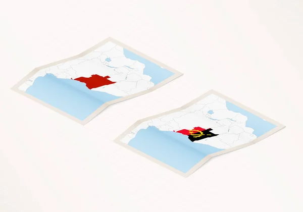 Twee Versies Van Een Gevouwen Kaart Van Angola Met Vlag — Stockvector