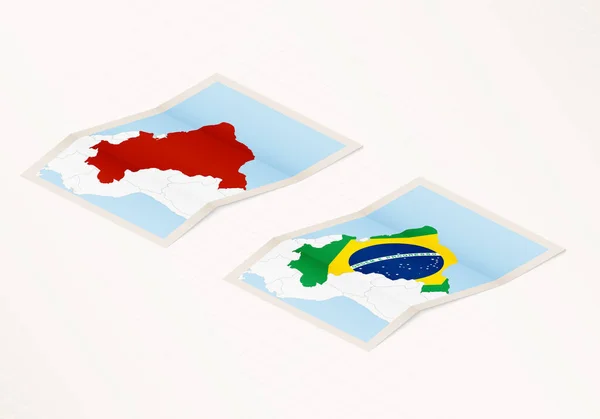 Két Változata Hajtogatott Térkép Brazília Zászló Ország Brazília Piros Színű — Stock Vector