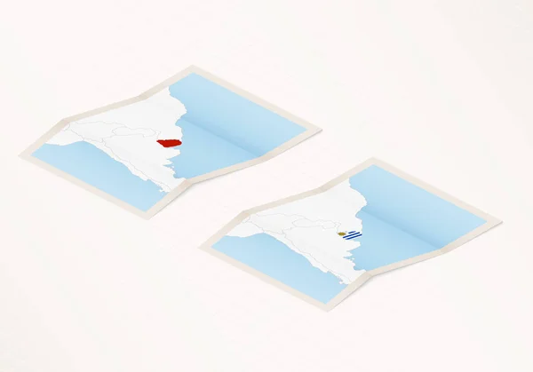 Duas Versões Mapa Dobrado Uruguai Com Bandeira País Uruguai Com — Vetor de Stock