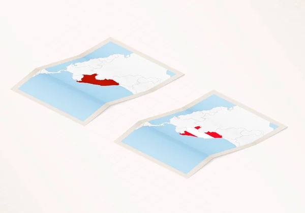 Two Versions Folded Map Peru Flag Country Peru Red Color — Stock Vector