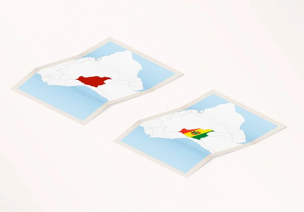 Duas Versões Mapa Dobrado Bolívia Com Bandeira País Bolívia Com —  Vetores de Stock