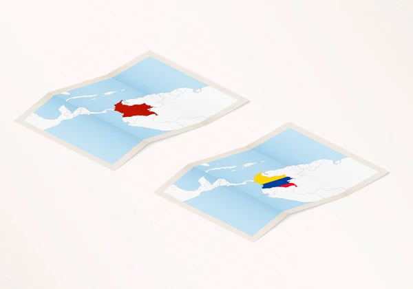 Dos Versiones Mapa Plegado Colombia Con Bandera Del País Colombia — Archivo Imágenes Vectoriales