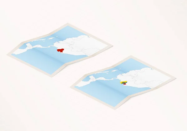 Deux Versions Une Carte Pliée Équateur Avec Drapeau Pays Équateur — Image vectorielle