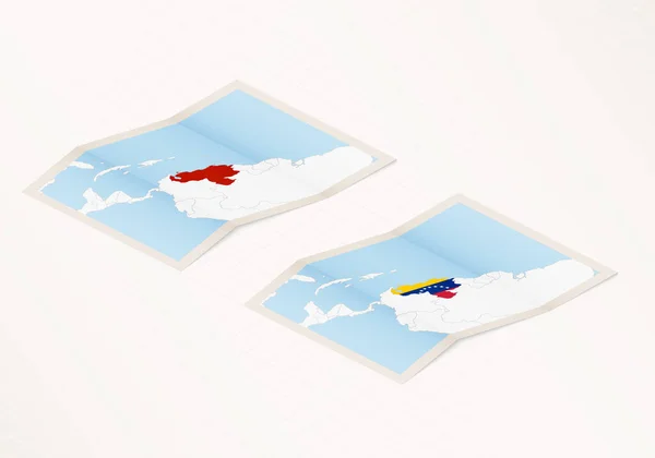 Venezuela Nın Katlanmış Bir Haritasının Iki Versiyonu Venezuela Bayrağı Kırmızı — Stok Vektör