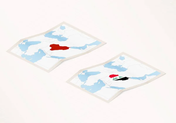 两个版本的折叠伊拉克地图 上面印有伊拉克国旗 红色醒目 — 图库矢量图片