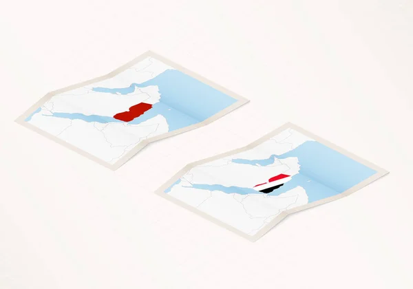 Дві Версії Складеної Карти Ємену Прапором Ємену Червоним Кольором Виділено — стоковий вектор