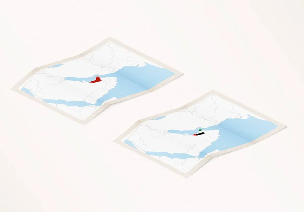 两个版本的阿拉伯联合酋长国折叠地图 上面印有阿拉伯联合酋长国国旗 红色醒目 — 图库矢量图片