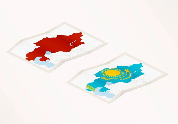 カザフスタンの国旗と赤い色が強調されたカザフスタンの折り畳み地図の2つのバージョン — ストックベクタ