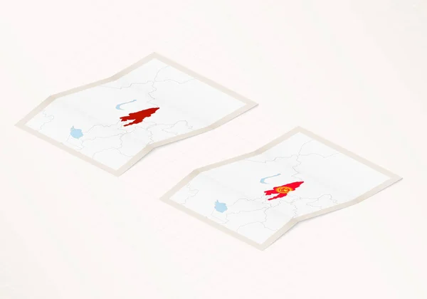 Deux Versions Une Carte Pliée Kirghizistan Avec Drapeau Pays Kirghizistan — Image vectorielle
