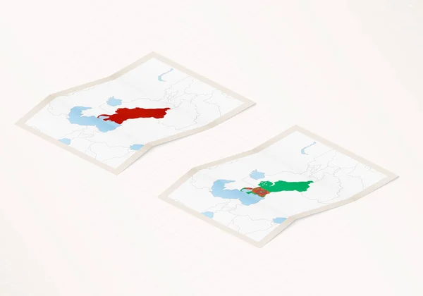 Dos Versiones Mapa Plegado Turkmenistán Con Bandera Del País Turkmenistán — Archivo Imágenes Vectoriales