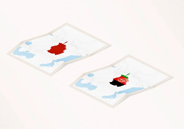 Dos Versiones Mapa Plegado Afganistán Con Bandera Del País Afganistán — Vector de stock