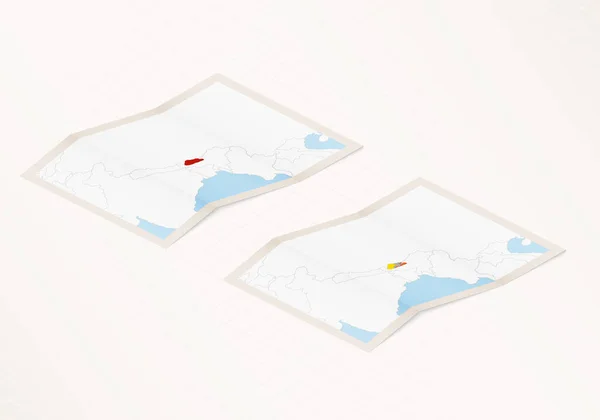 Dvě Verze Skládané Mapy Bhútánu Vlajkou Země Bhútán Zvýrazněnou Červenou — Stockový vektor