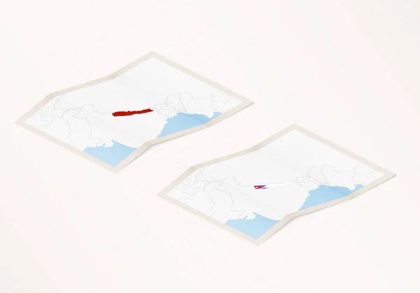 Két Változata Hajtogatott Térkép Nepál Zászló Ország Nepál Piros Színű — Stock Vector