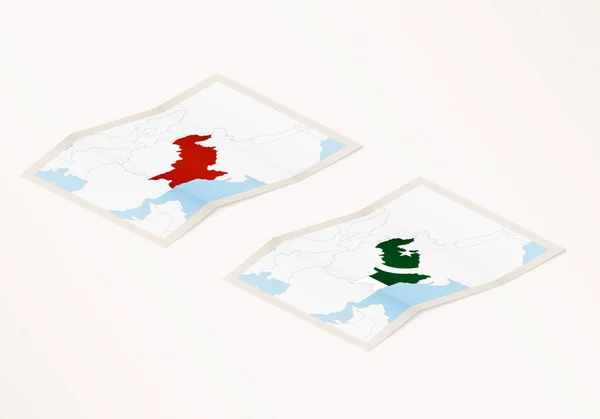 Deux Versions Une Carte Pliée Pakistan Avec Drapeau Pays Pakistan — Image vectorielle