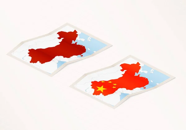 Duas Versões Mapa Dobrado China Com Bandeira País China Com — Vetor de Stock