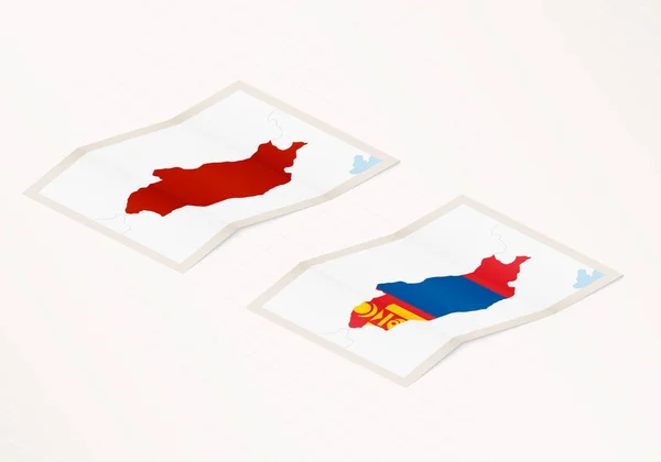 带有蒙古国旗和醒目红色的蒙古折叠地图的两个版本 — 图库矢量图片
