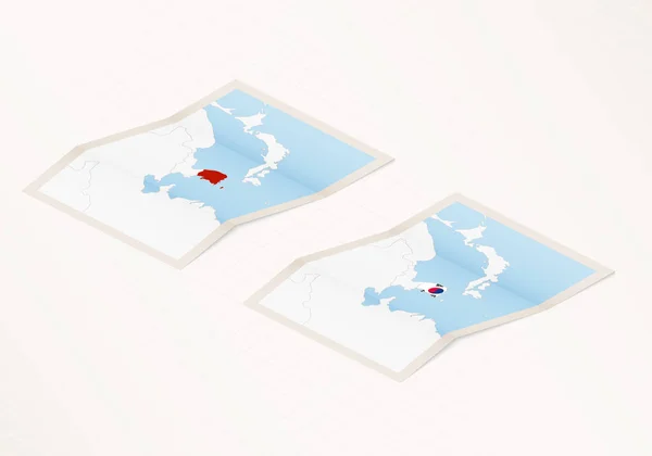 Dos Versiones Mapa Plegado Corea Del Sur Con Bandera Del — Archivo Imágenes Vectoriales