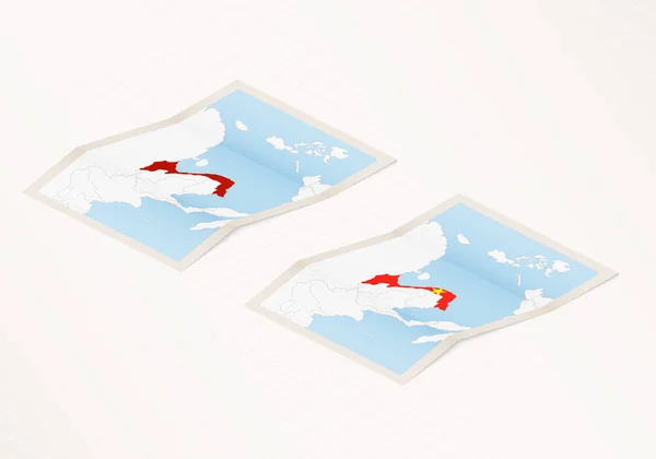 Δύο Εκδόσεις Ενός Διπλωμένου Χάρτη Του Βιετνάμ Σημαία Της Χώρας — Διανυσματικό Αρχείο