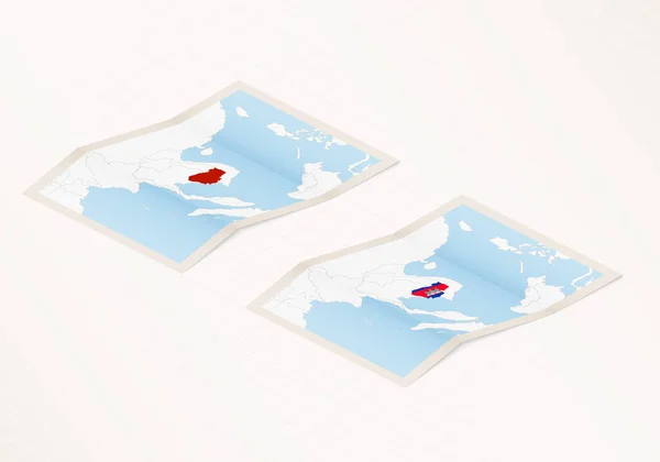 Zwei Versionen Einer Gefalteten Landkarte Von Kambodscha Mit Der Flagge — Stockvektor