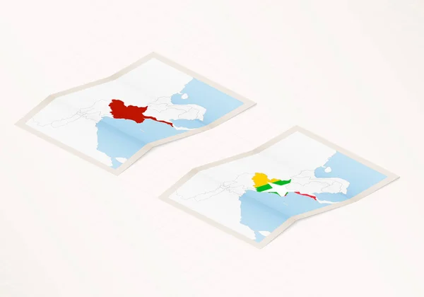 ミャンマーの国旗と赤い色が強調されたミャンマーの折り畳み地図の2つのバージョン — ストックベクタ