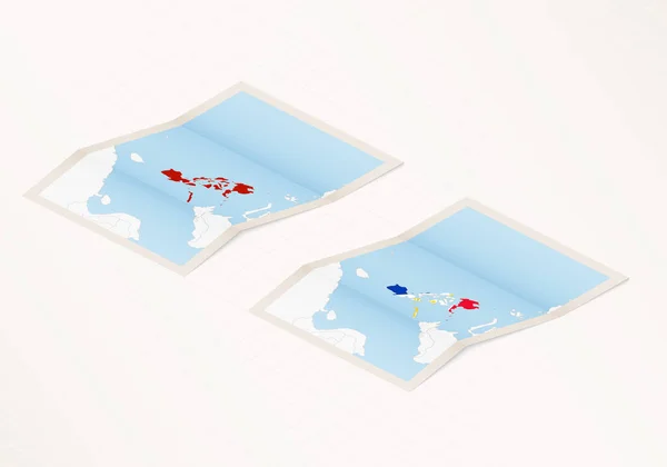 Dos Versiones Mapa Plegado Filipinas Con Bandera Del País Filipinas — Archivo Imágenes Vectoriales