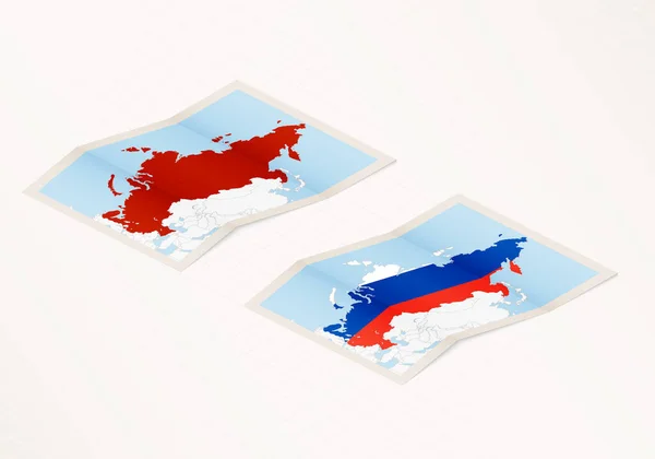 Две Версии Сложенной Карты России Флагом Страны России Выделенным Красным — стоковый вектор