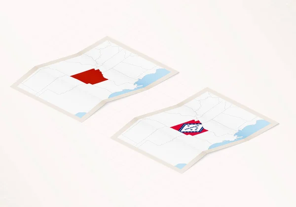 Две Версии Сложенной Карты Арканзаса Флагом Страны Арканзас Выделенным Красным — стоковый вектор