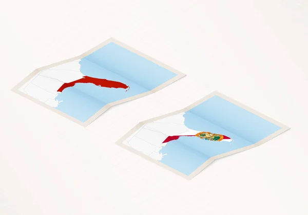 两种版本的佛罗里达州折叠地图 带有佛罗里达州国旗 并突出红色 — 图库矢量图片