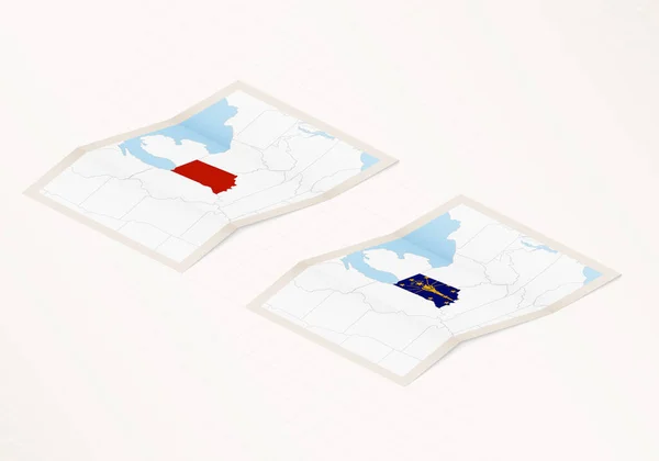 インディアナ州の旗と赤い色が強調された2つのバージョンのインディアナ州の折り畳まれた地図 — ストックベクタ