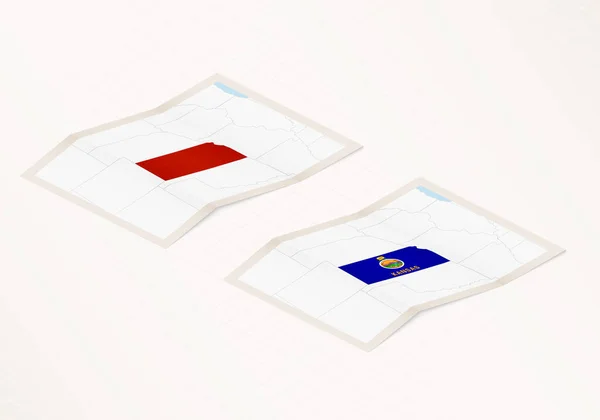 Zwei Versionen Einer Gefalteten Landkarte Von Kansas Mit Der Flagge — Stockvektor