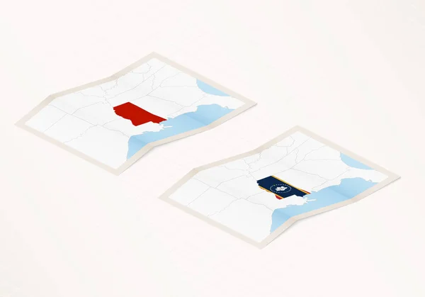 Dvě Verze Skládané Mapy Mississippi Vlajkou Země Mississippi Červenou Zvýrazněnou — Stockový vektor