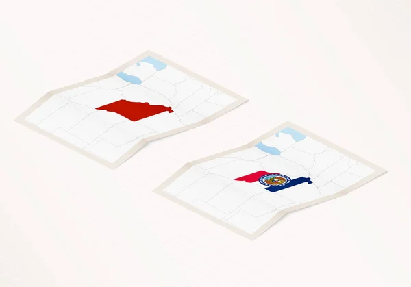 Deux Versions Une Carte Pliée Missouri Avec Drapeau Pays Missouri — Image vectorielle