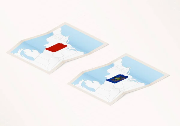 Dwie Wersje Złożonej Mapy Pensylwanii Flagą Kraju Pensylwania Podświetlonym Czerwonym — Wektor stockowy
