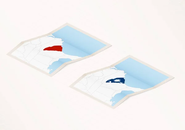 Deux Versions Une Carte Pliée Caroline Sud Avec Drapeau Pays — Image vectorielle