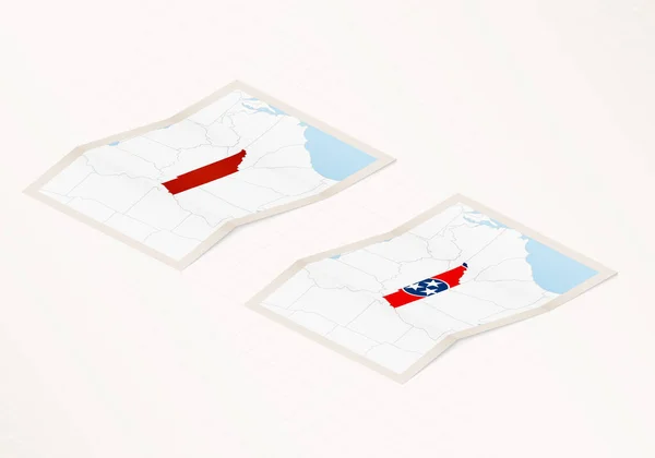 Dvě Verze Skládané Mapy Tennessee Vlajkou Země Tennessee Zvýrazněnou Červenou — Stockový vektor